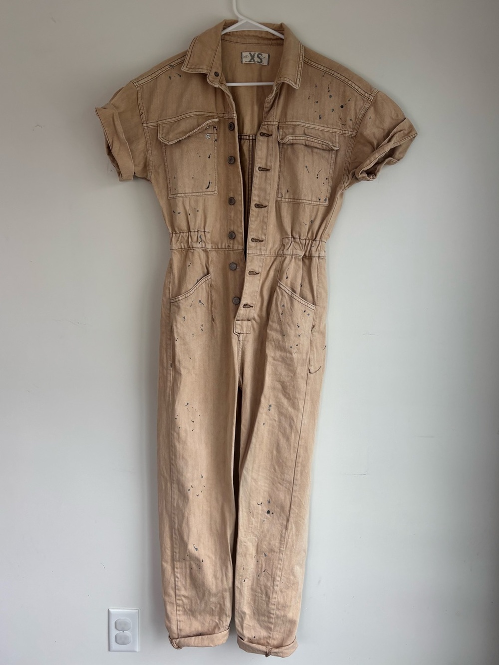 Free People Beige Short-Sleeve Jumpsuit